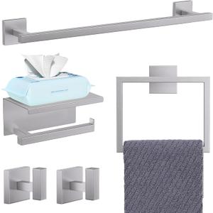YACVCL 5-Pieces Brushed Nickel Bathroom Hardware Accessories Set Towel Bar Set Upgraded Toilet Paper Holder with Shelf Stainless Steel Wall-Mounted Bathroom Hardware Set 23.6 Inch