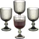 Vintage Wine Glasses Set of 6, 11 Ounces Colored Glass Water Goblets, Colorful Unique Embossed Pattern High Clear Stemmed Glassware Wedding Party Bar Glass Drinking Cups Vertical Line Grey