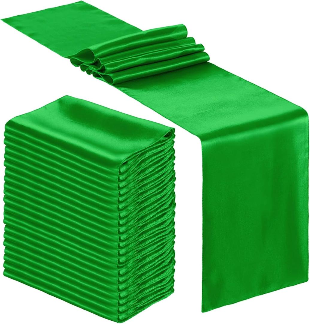 Bencailor 24 Pcs Emerald Green Satin Table Runner Bulk 12 x 108 Inches Long Table Runners Bright Smooth Fabric Tablecloth for Wedding Banquet Birthday Spring Graduation Party Decorations
