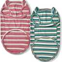 Dog Shirts Vest Cotton Striped T-Shirt, Sleeveless Stretchy Pet Clothes for Small Dogs, 2-Pack Soft Breathable Puppy Tank Top Cat Tee (Small, Pine Green,Plum Red)