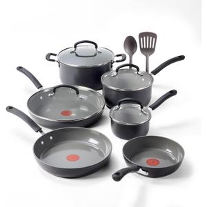 T-Fal Ultimate Hard Anodized 12-Piece Ceramic Nonstick Cookware Set, Oven Safe Up to 400F, Ceramic Pots and Pans Set, Frying Pans, Saucepan, Stockpot, Cooking Utensils, Stone