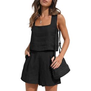 Womens Linen 2 Piece Outfits Lounge Sets sleeveless Tank Tops and High Waist Shorts Summer Vacation Set, M