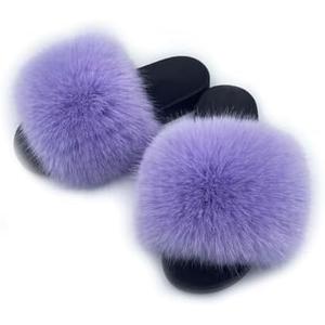 AuapTavw Women's Faux Fur Slides Slippers Fluffy Fuzzy Sandals Open Toe Furry Slide Flip Flop Indoor Outdoor Size 7 (Purple)
