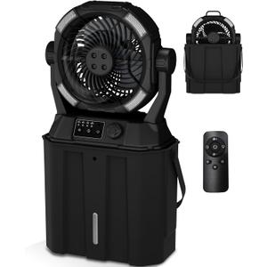 Misting Fan Portable Camping Fan 42800mAh Rechargeable with Remote Control, 3 LED Light & Stepless Speed Control & Cooling Spray with 6L Bucket, Timer Function, Portable Handle, Rotating Hanging Hook (Black)