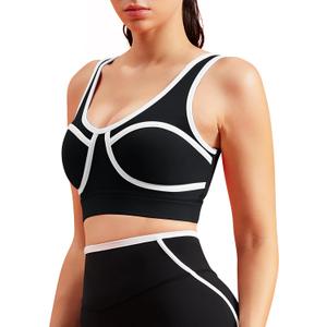 Women Sports Workout Bras Contrast Piping Bras Wirefree Yoga Bra Padded Sports Bra (Black, S)
