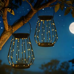 Solar Hanging Lantern Outdoor 2 Pack, Metal Cage Solar Lanterns with Warm White LED Lights, Waterproof Solar Powered Garden Decor Lights for Patio, Porch, Balcony, Yard, Outdoor Gifts