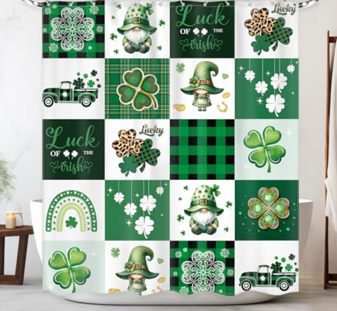 Newsely Happy St.Patrick's Day Shower Curtain 60Wx72H Inch Cute Gnome Green Lucky Shamrock Clover Leaf Truck Shower Curtain Bathroom Set Buffalo Plaid Waterproof Bath Decoration Accessories Home Decor