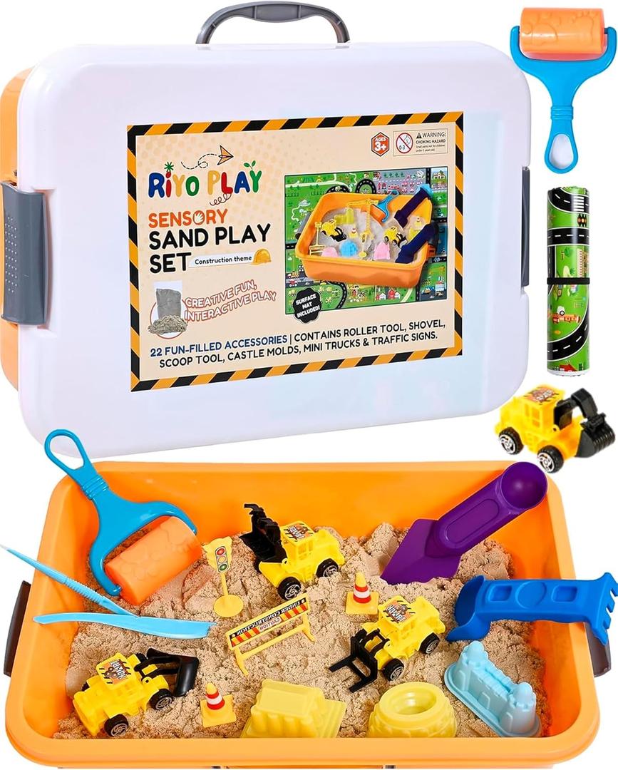 Construction Sensory Bin for Toddlers with 2-in-1 Play Mat & 2.8lbs Moldable Sand, Kids Sensory Bin with Lid & Handle, Toddler Sensory Kit Boys & Girls, Learning Activity, Gift Ages 3+