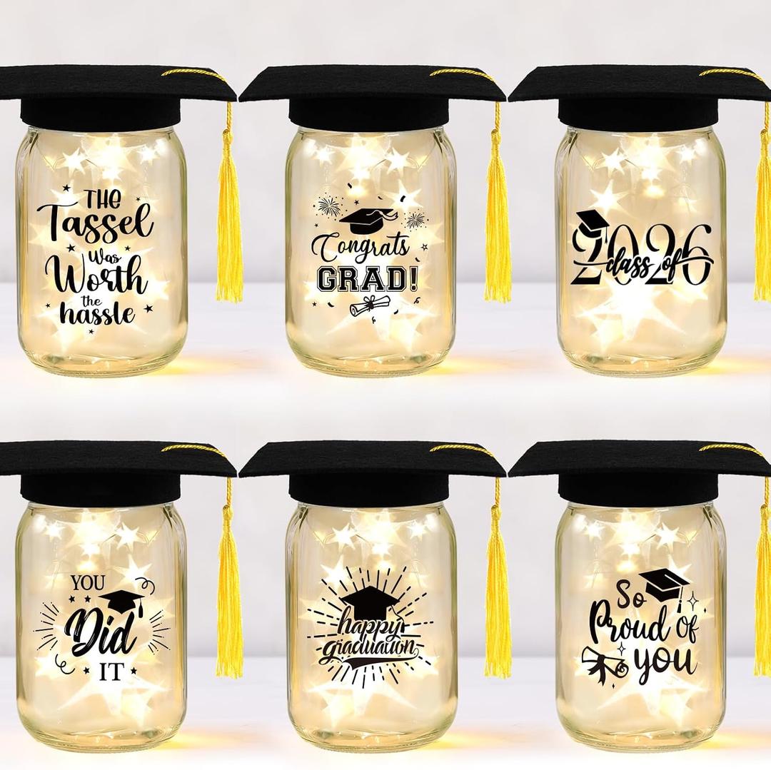 6 Sets 2026 Graduation Centerpieces for Tables, Mason Jar Centerpieces with Graduation Caps, Money Jars for College High School Congrats Grad Party Decor Supplies