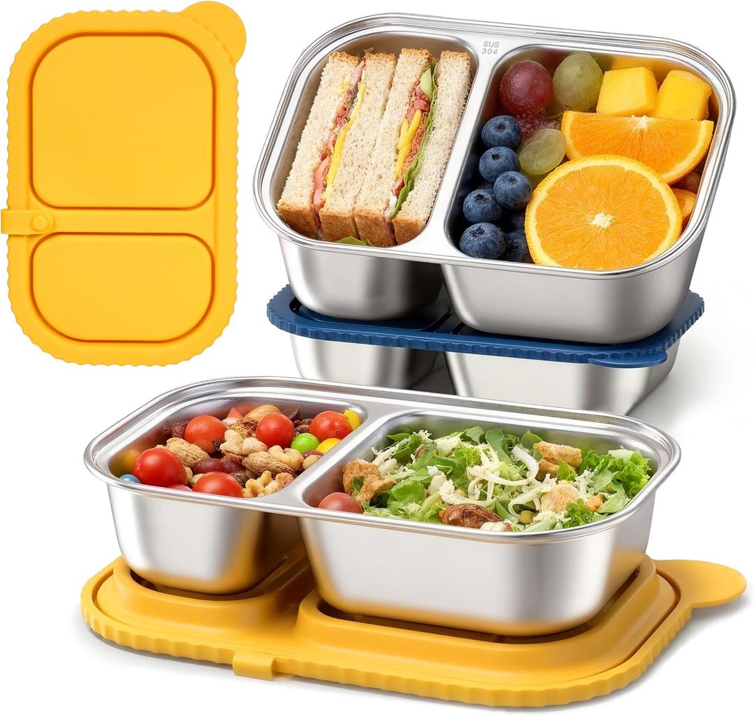 Cmonie 2-Compartment 14.5oz Stainless Steel Snack Containers, Reusable Snack Containers with Silicone Lids Food Storage Bento Box for Snacks, Fruits (2Pack-Yellow&Blue)