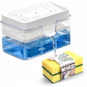 Dish Soap Dispenser for Kitchen Sink,2 in 1 Premium Sponge Holder, Dishwashing Soap Pump Dispenser for Countertop (White)