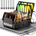 400W Charging Station for Multiple Devices,Dual PD 100W Multi USB C Charging Station with 8 Cable,10 Port Charger Station for MacBook iPhone iPad Laptop Cell Phone Android Tablet-Black