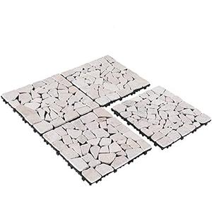 PURE ERA Natural Real Stone Interlocking Floor Deck Tiles Indoor Outdoor Use 12"x12" (4Pcs, 4 sq. Ft, Sliced Tan)- Great Upgrade to Patio Backyard Pathway