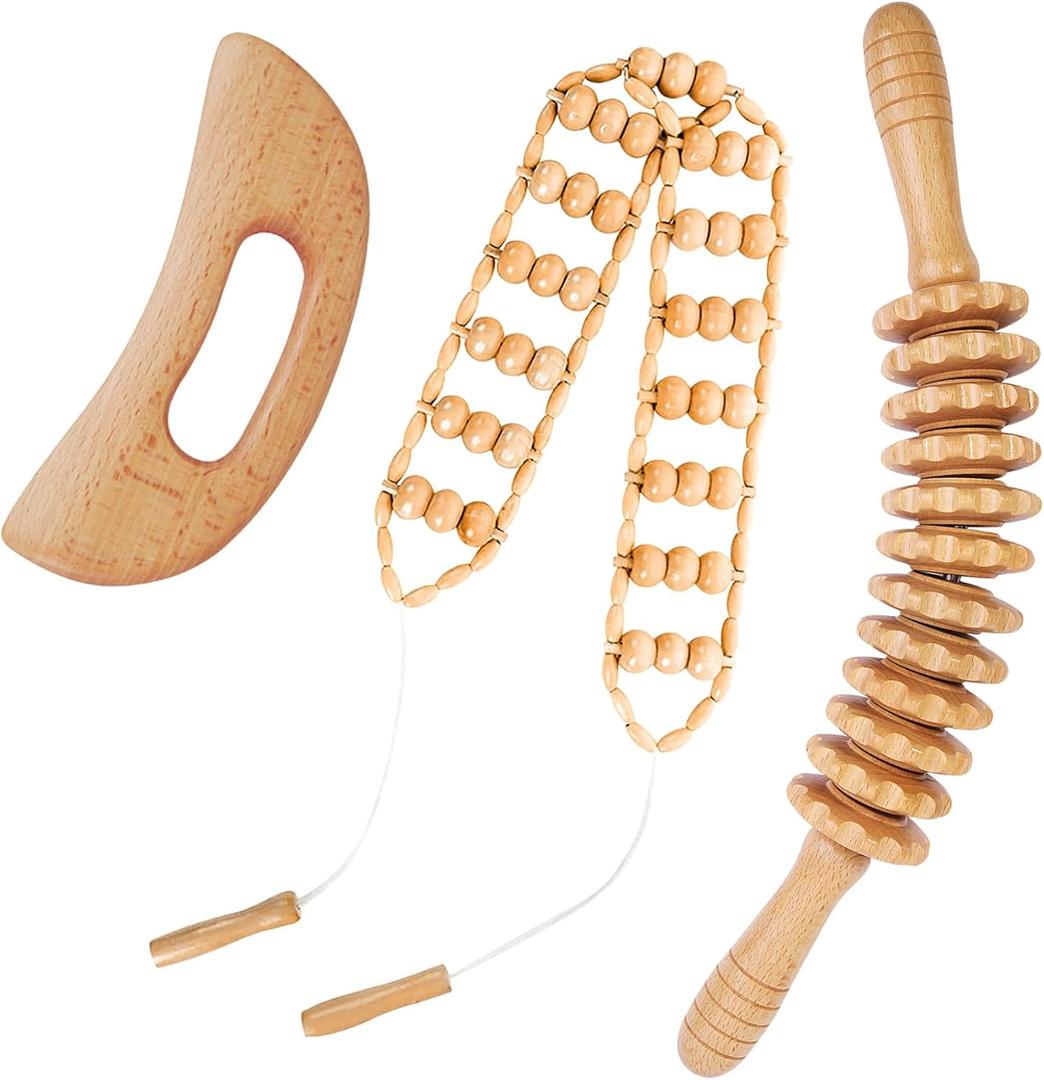 Dukucr 3Pcs Wood Therapy Massage Tools Lymphatic Drainage Massager Wooden Massager Body Sculpting Tools for Maderoterapia, Anti-Cellulite, Pain Relief(3-in-1 Massager)