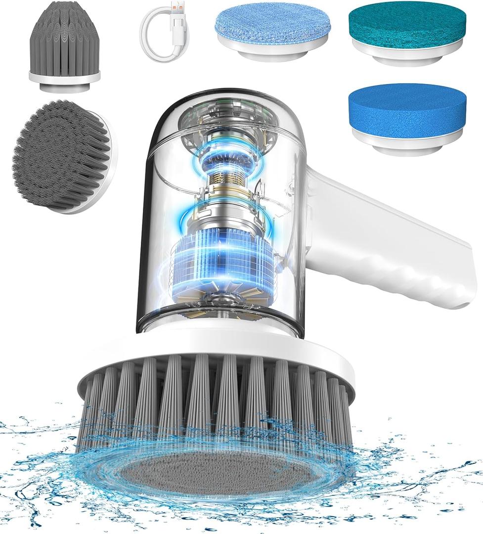 Hsicily Electric Spin Scrubber [4000mAh long-lasting battery]Cordless Electric Cleaning Brush w/ 5 Replaceable Heads, Handheld Electric Scrubber for Cleaning Bathroom/Tub/Tile/Floor/Sink/Window/Stove