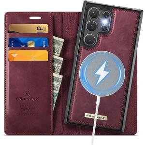 Wallet Case for Samsung Galaxy S24 Ultra Compatible with Magsafe, 2-in-1 PU Leather Flip RFID Blocking Card Holder Stand Shockproof Magnetic Detachable Cover for Galaxy S24 Ultra, Burgundy