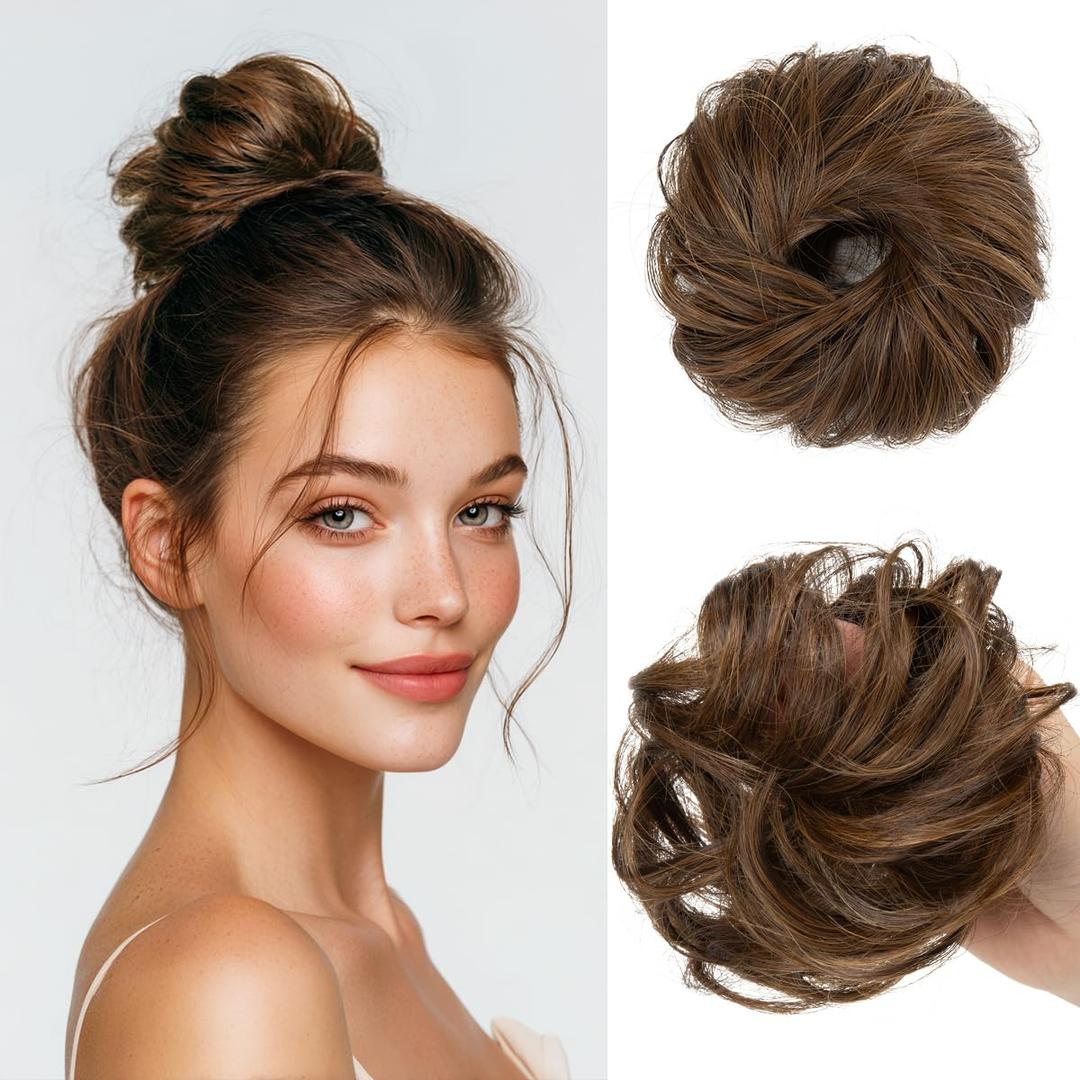CJL HAIR 2PCs Small Cute Messy Bun Hair Piece for Thin Hair Women Mini Synthetic Curly Bun Scrunchies Updo Hairpieces Chocolate