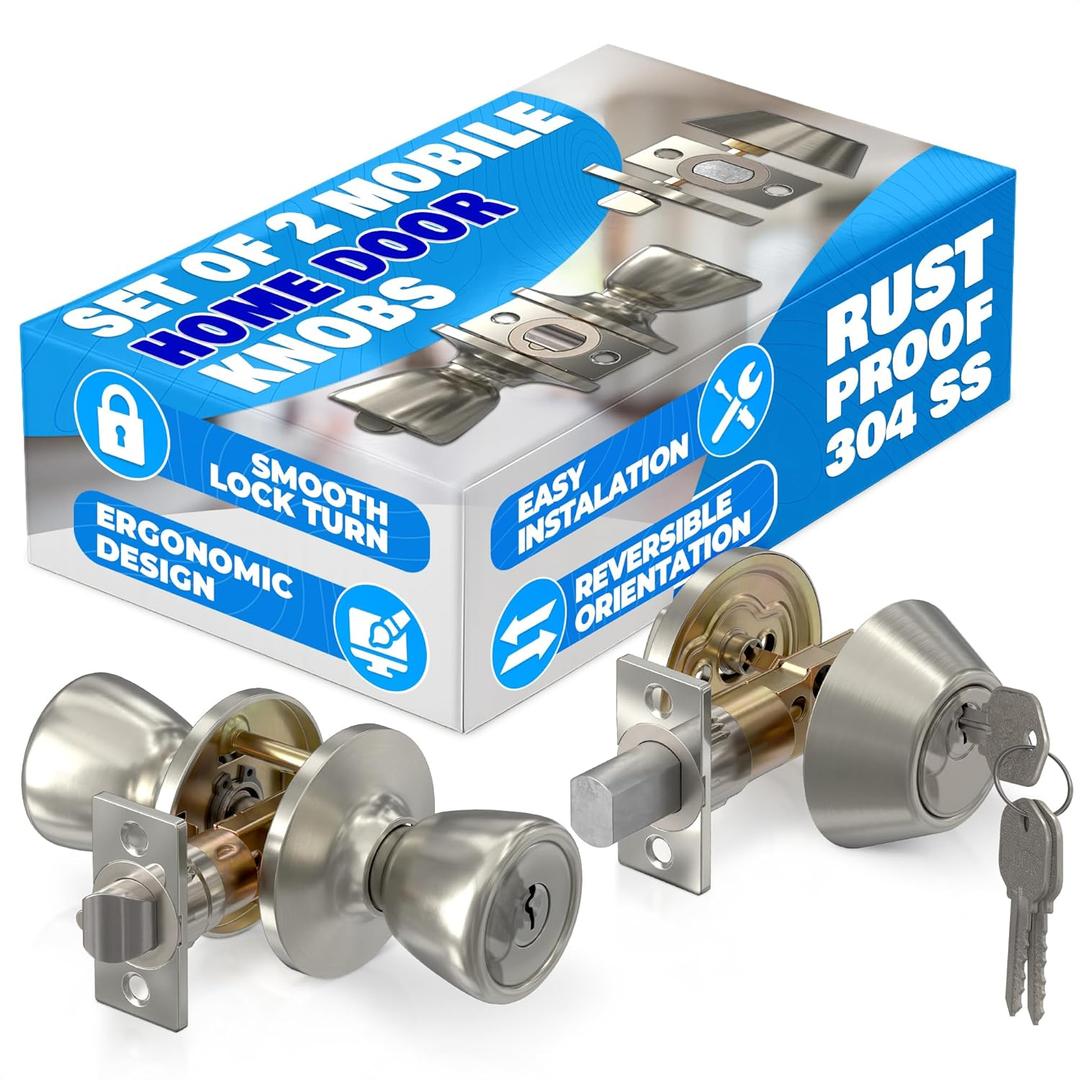 Set of 2 Mobile Home Door Knobs  Includes Keyed Entry Lock & Interior Knob, Rust-Proof 304 Stainless Steel, Copper & Iron Alloy, Mobile Home Exterior Door Knobs  Smooth-Turn Lock & Easy Installation