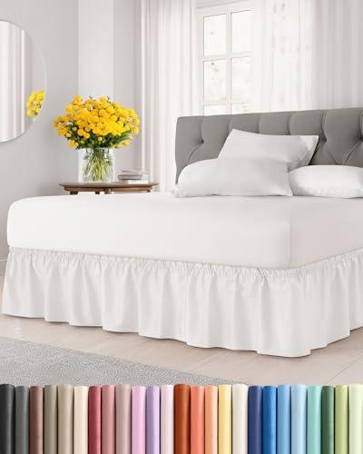 Wrap Around Dust Ruffle Bed Skirt - Antique White - for Queen Size Beds w/ 15 Inch Drop - Easy Fit Elastic Strap - Adjustable Pleated Bedskirt w/Brushed Fabric, Wrinkle Free Women, Men, Kids & Teens,Queen, 15" - Drop, 01 - White
