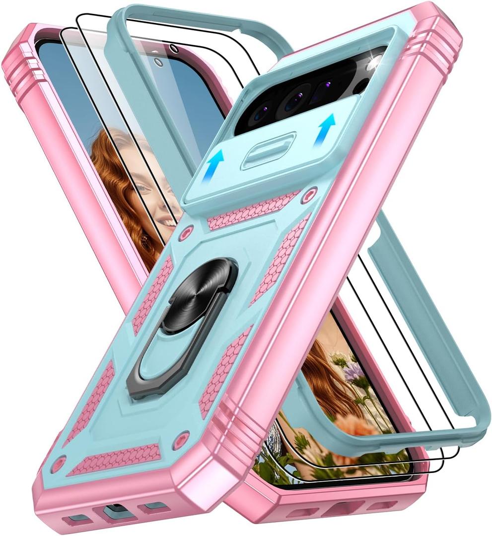 for Google Pixel 10 Pro XL Case with 2PCS Screen Protector, Build in 360 Rotating Ring Kickstand, Military Grade Protective Cover for Google 10 Pro XL Phone, Green+Pink