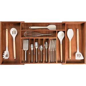 KitchenEdge Premium Silverware, Flatware and Utensil Organizer for Kitchen Drawers, Food-Safe Contract Grade, Expandable from 18 to 33 In, Natural Acacia