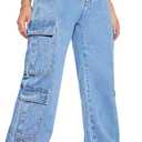 Women's High Waist Baggy Cargo Jeans Flap Pocket Y2K Streetwear Wide Leg Denim Pants (Blue, L)