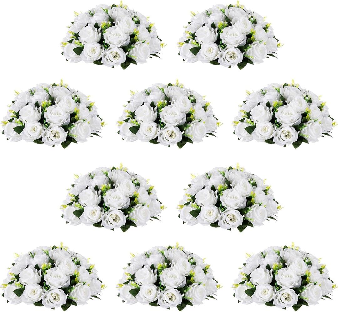 NUPTIO Flower Wedding Centrepieces for Tables - 10 Pcs 13.8in Diameter White Artificial Flowers Rose Ball for Centerpieces Table - Fake Rose Arrangements for Weddings Birthday Party Decorations