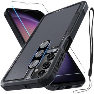 RMOCR Case for Samsung Galaxy A16 5G, Full Body Heavy Duty Rugged Shockproof Protective Phone Cover with Lanyard Strap, Tempered Glass Screen Protector and Camera Lens Cover, Black Matte