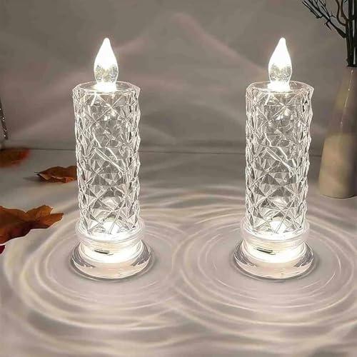 Rose Shadow LED Flameless Candles, 2PCS Led Crystal Candle Lights, Romantic Battery Operated Candles Led Pillar Candles for Anniversary Wedding Christmas Decorations(White, D 2.5" x H 7.2"), 2 pack