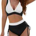 BMJL Women's High Waisted Bikini Sets Modest Tummy Control Swimsuit Two Piece Drawstring Bathing Suit (Black & White Small)