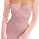 Long Puff Sleeve Mini Bodycon Dress Sheer Mesh Split Hem Party Club Short Dresses XS
