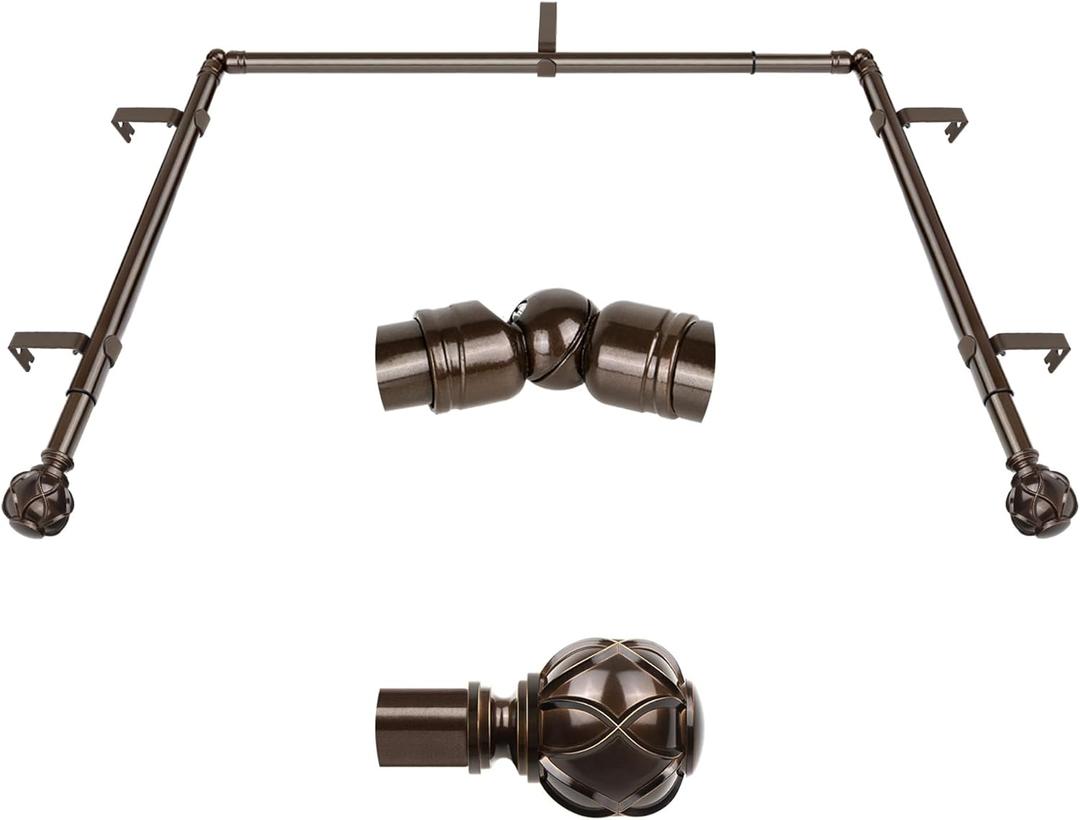 KAMANINA Bay Window Curtain Rods, Telescoping Curtain Rods for Bay Windows 32 to 86 Inch(Center Rod), Bronze Curtain Rod 32 to 58 Inch(Side Rods), Netted Texture Ends
