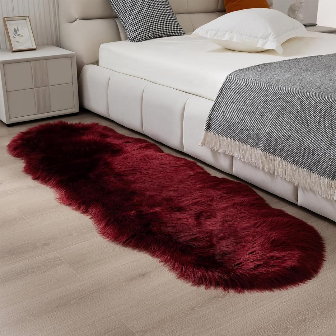Faux Fur Rug 2 x 6 ft Burgundy Shaggy Sheepskin Machine Washable Fuzzy Area Rug Super Soft Fluffy Plush Carpet for Bedroom Living Room Floor Nursery Kids Room Runner Bedside Rug (Burgundy)