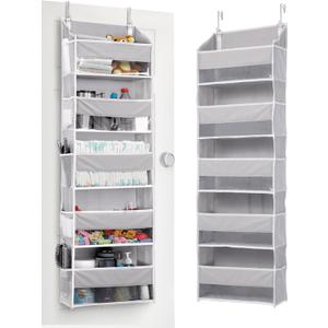 ULG 1 Pack Over Door Organizer with 5 Large Pockets 10 Mesh Side Pockets, 44 lbs Weight Capacity Hanging Storage Organizer with Clear Window for Kids Toys, Shoes, Diapers, Grey, 5 Layer