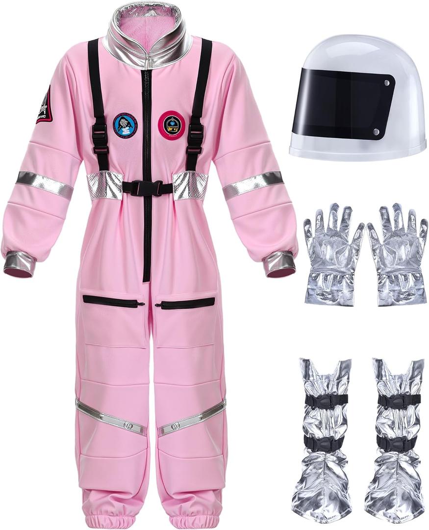 Cuffbow 4 Pcs Astronaut Costume Kids for Halloween, Space Helmet Jumpsuit Gloves Shoe Covers Set for Child Teen Boys (8-10 Years, Pink)