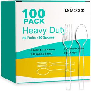 MOACOCK 100 Count Plastic Silverware, Heavy Weight Plastic Forks Spoons Disposable Utensils Cutlery Set for Wedding Party Supplies Everyday Use