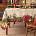 Softalker Christmas Rectangle Jacquard Tablecloth with Red Flower Bell, Polyester Poinsettia Vintage Floral Printed Table Cloth for Xmas Party Decoration/Holiday (60x120 Inch)