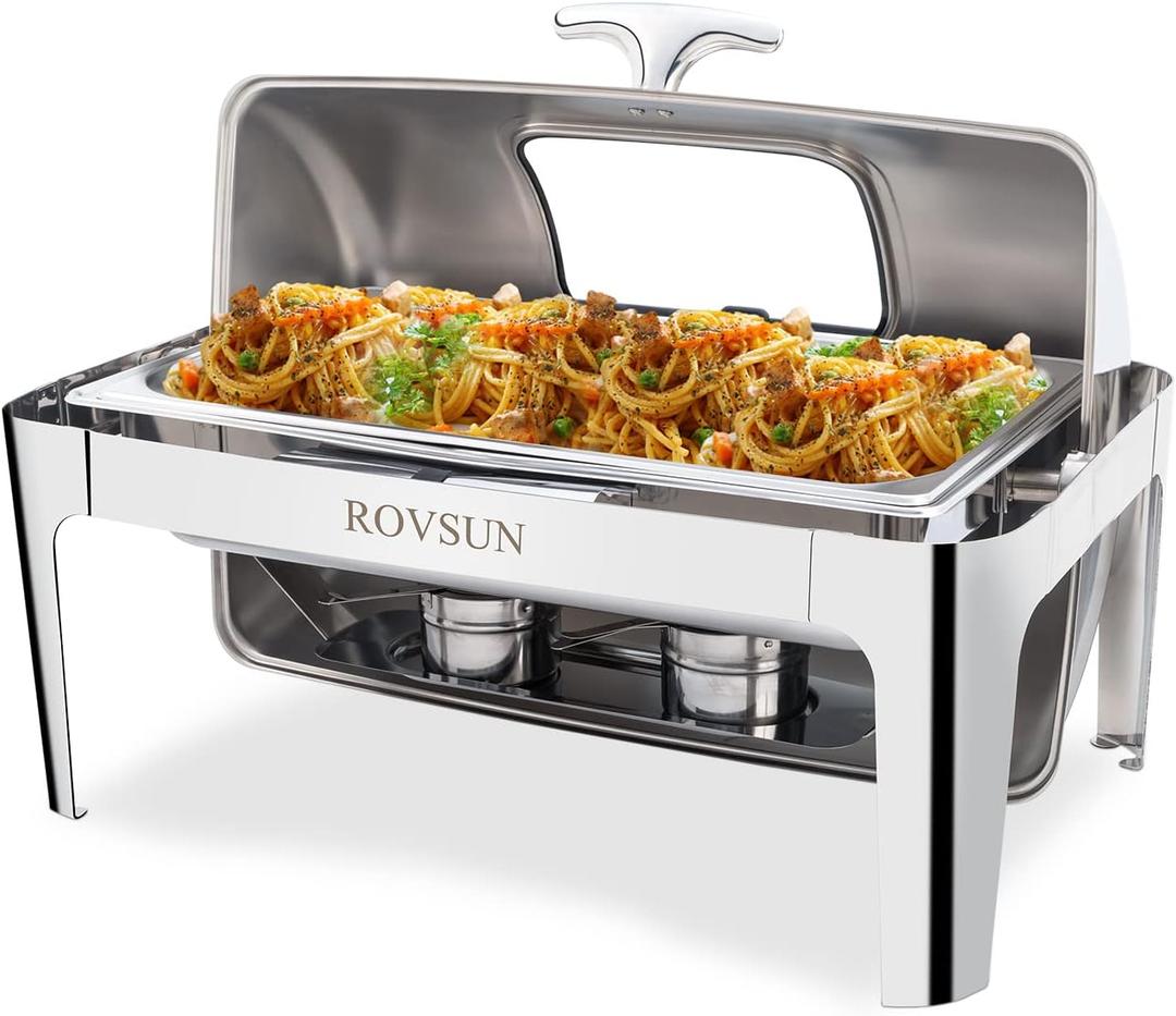 ROVSUN Roll Top Chafing Dish Buffet Set,NSF 9 Quart Rectangular Stainless Steel Chafer for Catering,Buffet Servers and Warmers Set with Glass Window for Wedding, Parties, Banquet, Events, Full Size (1 Pack)