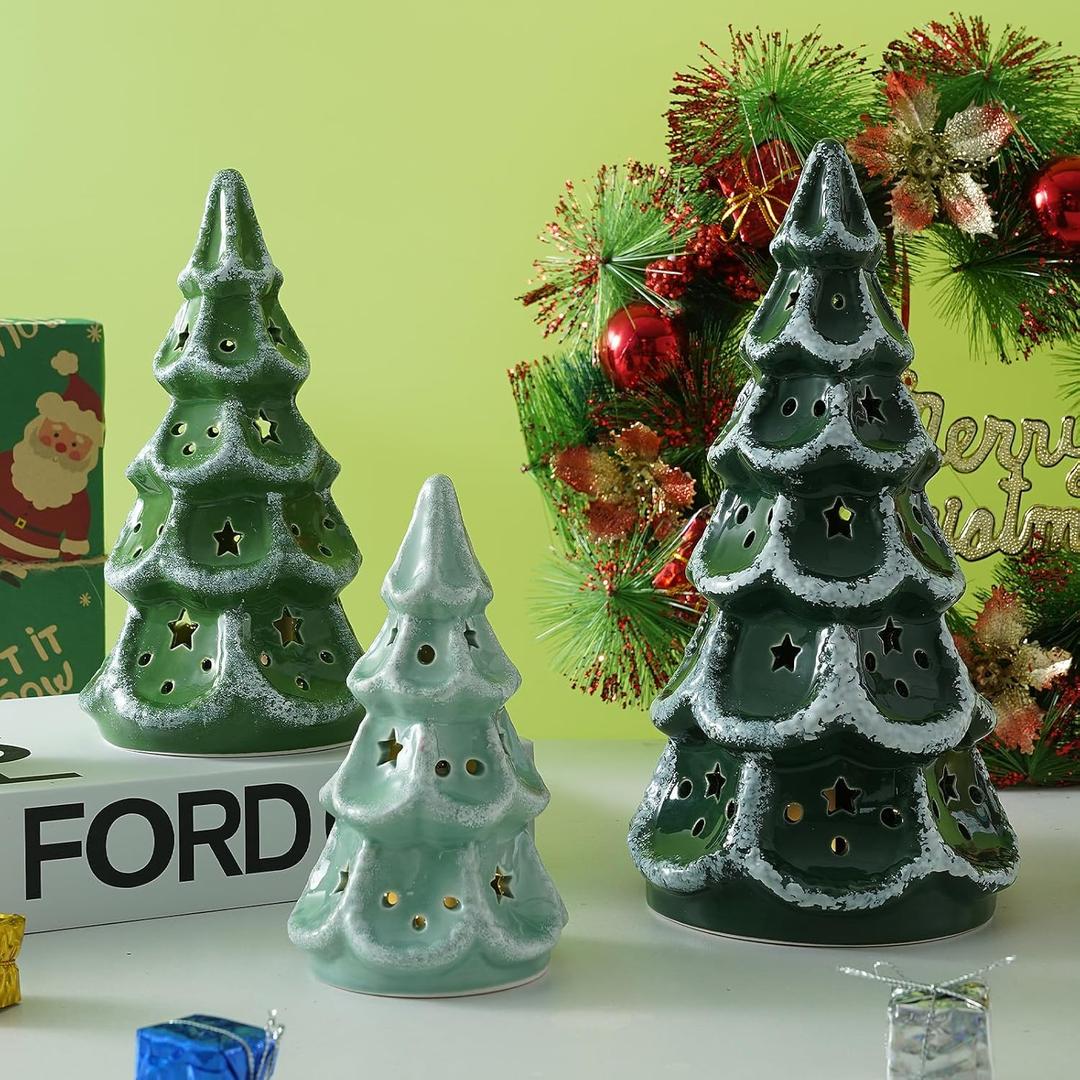 Luxstyra Ceramic Christmas Tree with Lights, Set of 3 Christmas Trees with Timer, Table Top Christmas Decor, Porcelain Christmas Tree Figurine, Vintage Ceramic Xmas Trees with Carved Stars for Mantel