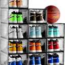 12 Pack Gray Transparent Shoe Storage Organizer, Stackable Shoe Boxes for Closet, Drop Front Plastic Shoe Box with Grey Door, Easy to Assemble, Fit up US Size 12(13.4x 9.8x 7.1)