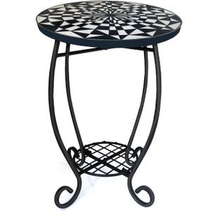 LIFFY Outdoor Side Table,12" Round Ceramic Tabletop Accent Table with Metal Frame, Indoor Small Decorative Plant Stand & End Table for Home, Patio, Garden (White & Black)