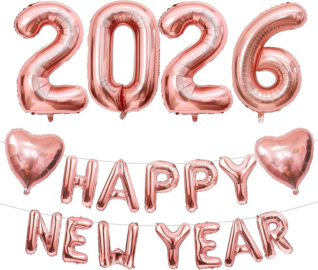 New Years Eve Decorations 2026, 32'' Rose Gold Number 2026 Balloons Happy New Year Letter Balloon with Haert Foil Balloon, New Years Eve Party Supplies 20 26 for Women Girl Graduation Prom Party Decor