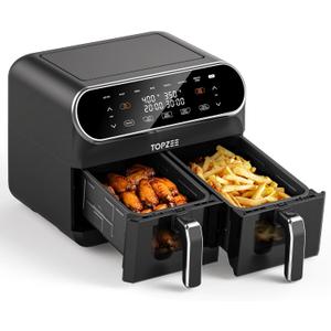 Topzee Dual Basket Air Fryer 8QT – Family Size Air Fryer with Dual Independent Zones, 8 Cooking Presets, Simultaneous Finish Mode, Viewing Windows, 90–400°F, Low-Oil Cooking, Black, Large