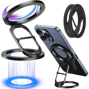 Gym Magnetic Phone Holder - Black-Gray, Dual Magnet, Strong Grip, 360 Rotation, Attach to Metal Surfaces, Compatible with iPhone 16/15/14/13/12, Samsung, MagSafe Case & All Smartphones