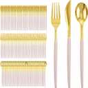 I00000 300 Pack Gold Silverware with Pink Handle, Pink Plastic Utensils Set, Disposable Cutlery include100 Forks, 100 Knives, 100 Spoons,Plastic Cutlery Set for Wedding & Party