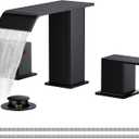 FORIOUS Bathroom Faucets 3 Hole,Matte Black 8 Inch Widespread Bathroom Sink Faucet Waterfall Spout, with Pop Up Drain and Water Supply, Suitable for Vanity Rv Commercial Lavatory Restroom