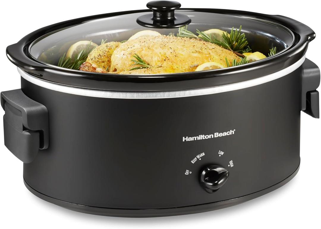 Hamilton Beach 6 Quart Slow Cooker with Space-Saving Folding Handles, 3 Heat Settings, Dishwasher Safe Stoneware Crock and Glass Lid, Black 