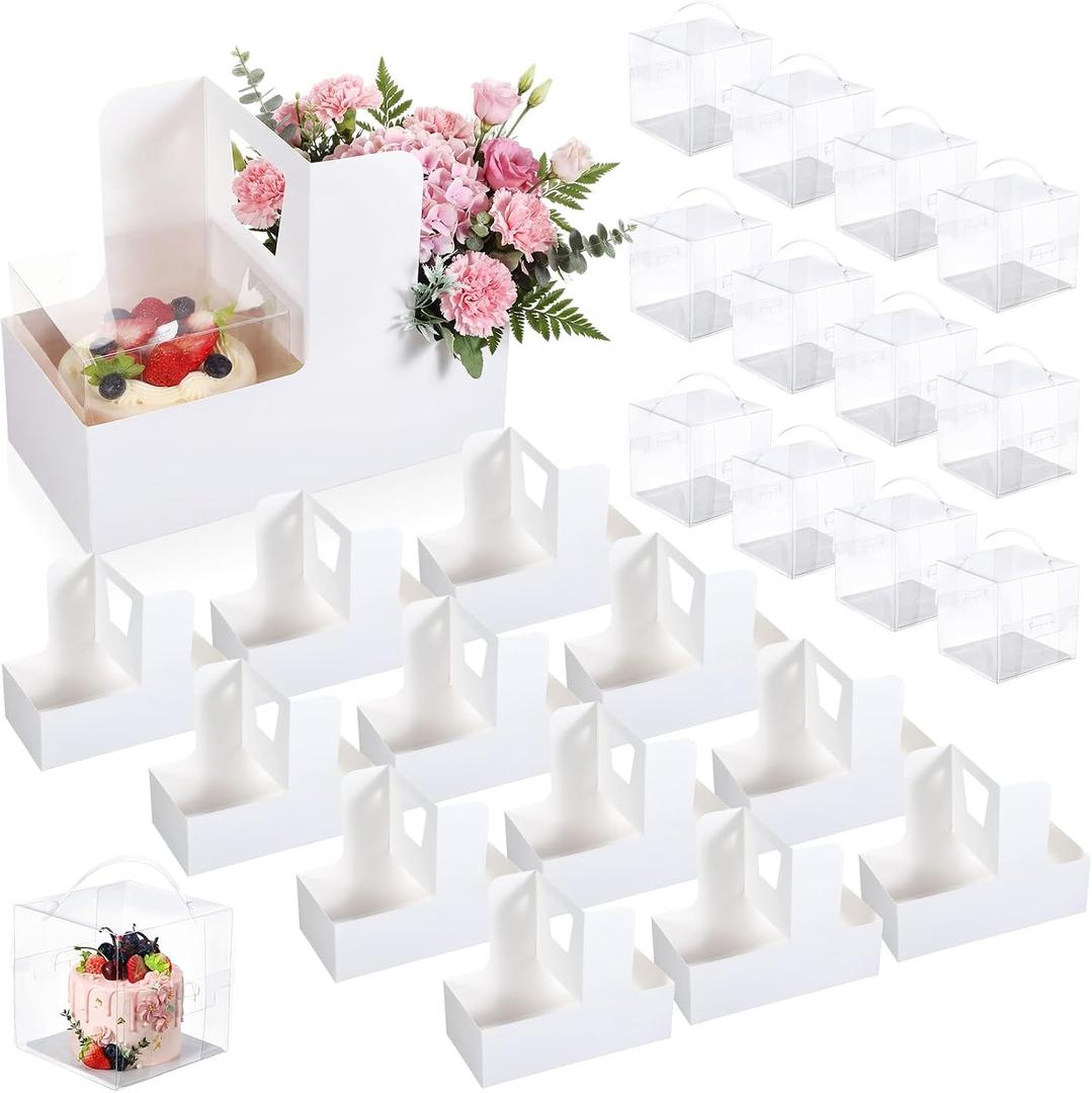 Qinyoung 12 Sets Mother's Day Flower Gift Box Cake Flower Gift Boxes with 12 Pcs Transparent PVC Cake Boxes Mother's Day Box for Teacher,Mom Wedding, Birthday Party(White,Classic,Blank)