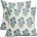 Blue Floral Block Print Pillow Covers 18x18 Light Blue Green Chinoiserie Flowers Birds Monsoon Decorative Pillows Outdoor Linen Farmhouse Cushion Case Pillowcase for Sofa Bed Room Decor Set of 2