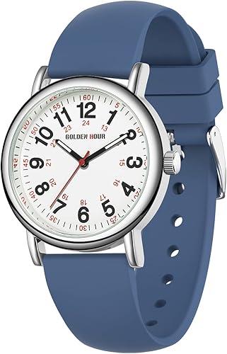 GOLDEN HOUR Waterproof Nurse Watch for Medical Professionals, Students Women Men - Military Time Luminouse Easy Read Dial, 24 Hour with Second Hand, Colorful Silicone Band (Navy Blue)